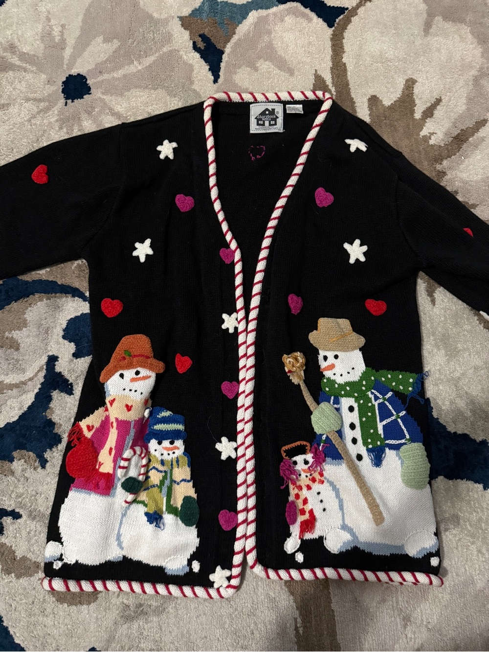 Black Holiday Snowman Cardigan with Pink & Red Hearts